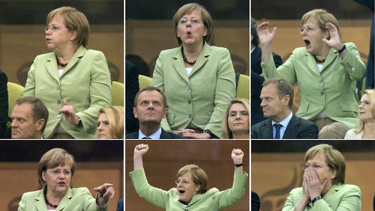 Die Bilder, die von Angela Merkel im Stadion entstehen, haben in der Heimat Kultcharakter.