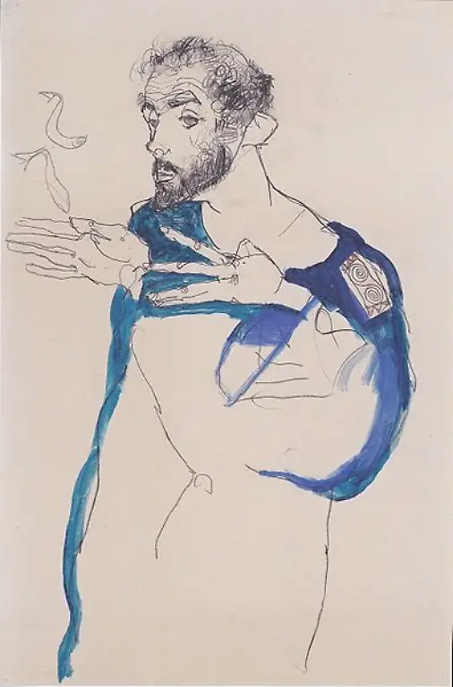 395px-Egon-Schiele-Gustav-Klimt-im-blauen-Malerkittel-1913