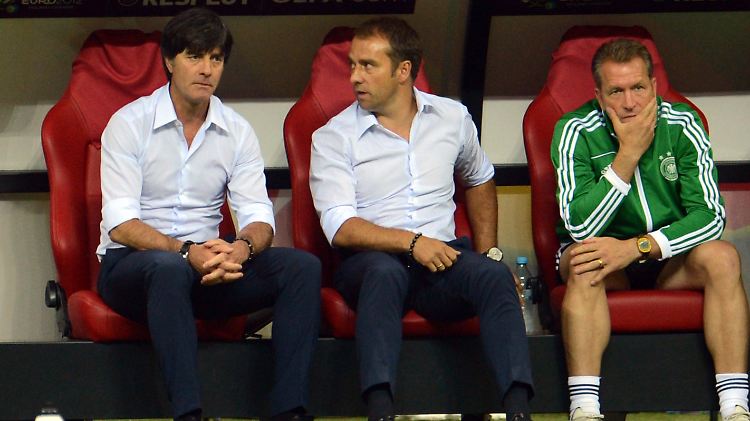 Wie reagieren wir auf den Rückstand? Bundestrainer Löw (l.) und Assistent Flick rätseln. Auch Torwart-Trainer Köpke ist überfragt.