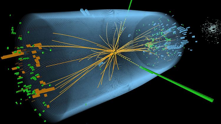 Proton kollidiert hier mit Proton. Die Cern-Graphik stellt das zu erwartende Bild dar, das sich beim Zerfall eines Higgs-Boson im Standardmodell ergibt.