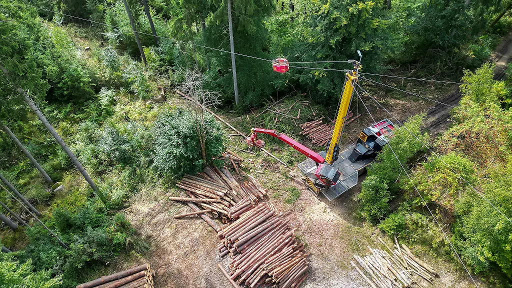 Holzarbeiten-am-Steilhang-im-Erzgebirge-in-unwegsamem-Gelaende-kommt-auch-ein-spezieller-Seilkran-zum-Einsatz