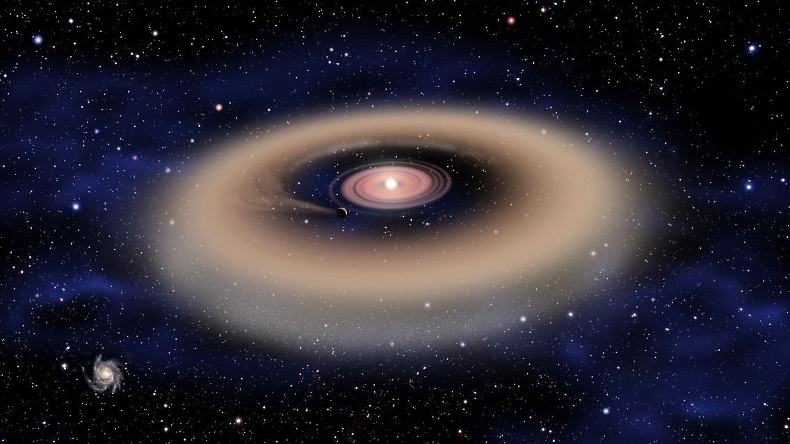 Die Darstellung eines jupiterförmigen Planetens mit einem Ring aus Staub und Gas.