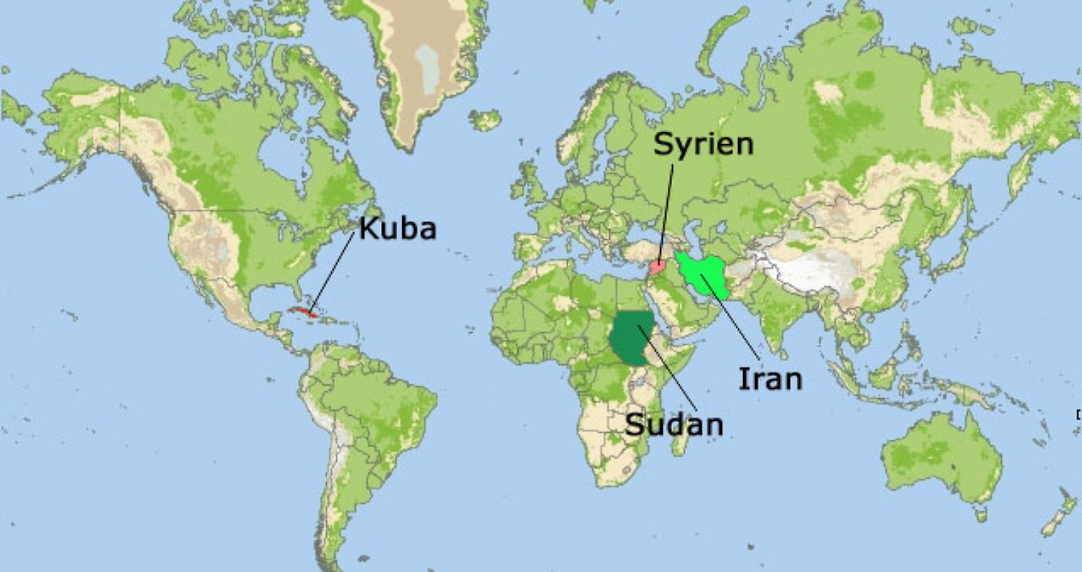 Vier Länder werden von den USA derzeit offiziell als "staatliche Unterstützer des Terrorismus" angesehen: Kuba, der Iran, Sudan und Syrien.