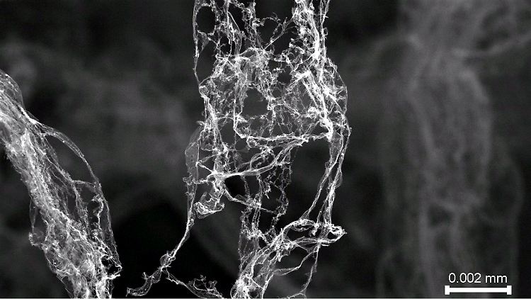 Aerographit unter dem Elektronenmikroskop: Das Material hat eine extrem geringe Dichte. Sie beträgt 0,2 Milligramm pro Kubikzentimeter.
