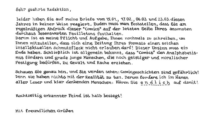 Der Comic fängt mit einem Leserbrief an - der gegen Comics wettert.