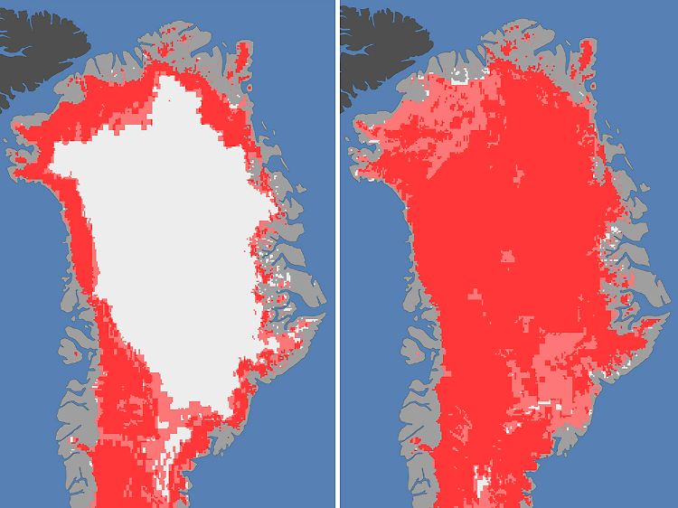 Am 8. Juli (l) sind 40 Prozent von Grönlands Eisschild geschmolzen. Wenige Tage später, am 12. Juli, sind es bereits 97 Prozent.