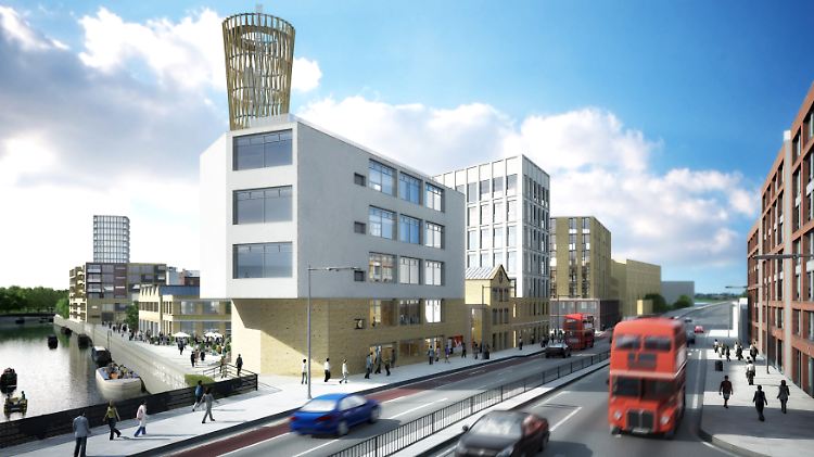 Die undatierte Computergrafik zeigt den Blick auf das Projekt der Firma Inter Ikea am Three Mills Wall River in London.