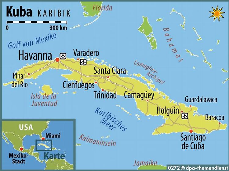 Die größte Insel der Karibik: Vom äußersten Westen bis in den Osten Kubas sind es etwa 1200 Kilometer.