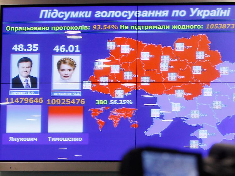 Die Stimmenverteilung zeigt die Zerrissenheit der Ukraine: Der Osten steht hinter Janukowitsch, der Nordwesten hinter Timoschenko.
