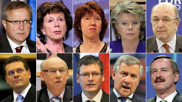 Einige der Kommissare (von links oben nach rechts unten): Rehn (Wirtschaft, Finanzen), Kroes (Digitalwirtschaft), Ashton ("Außenministerin"), Reding (Justiz), Almunia (Wettbewerb), Sefcovic (Beziehungen zwischen EU-Institutionen und Verwaltung), Lewandowski (Haushalt), Andor (Arbeit und Soziales), Tajani (Industrie), Kallas (Transport).