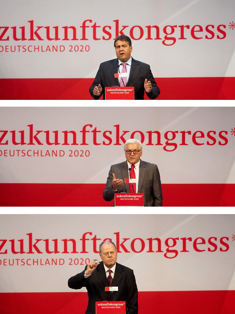 Die Kombo zeigt den SPD-Bundesvorsitzenden Gabriel, SPD-Fraktionsvorsitzende Steinmeier und den SPD-Bundestagsabgeordneten Steinbrück in Berlin auf dem Zukunftskongress der SPD Bundestagsfraktion (v.o.).