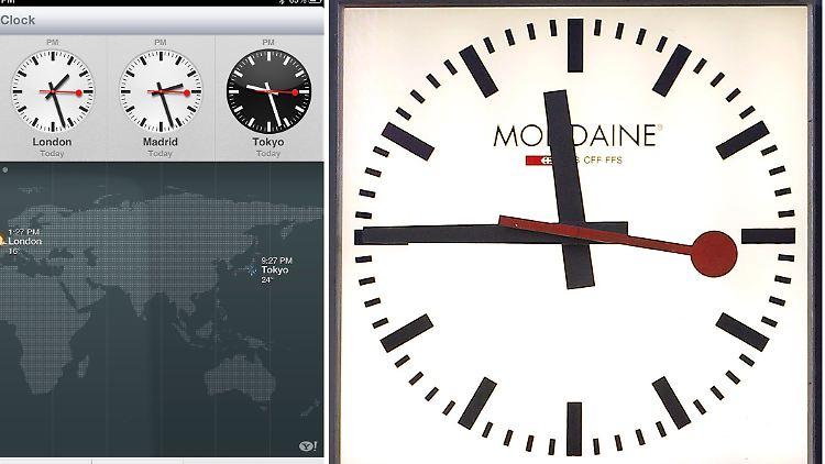 Die Uhren auf einem iPad (l.) und eine Schweizer Bahnhofsuhr: Die Ähnlichkeiten sind unverkennbar.