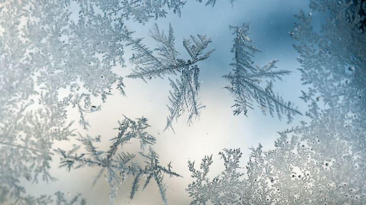 Eiskristalle schmücken im Winter die Fenster.