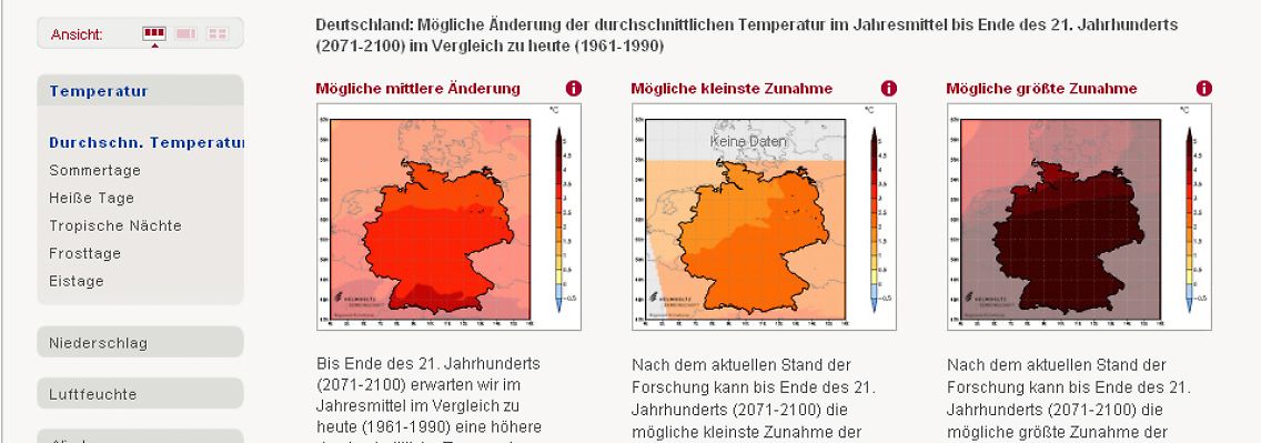 Eine Seite des Klima-Atlas zeigt die möglich kleinste, mittlere und größte Temperaturzunahme.
