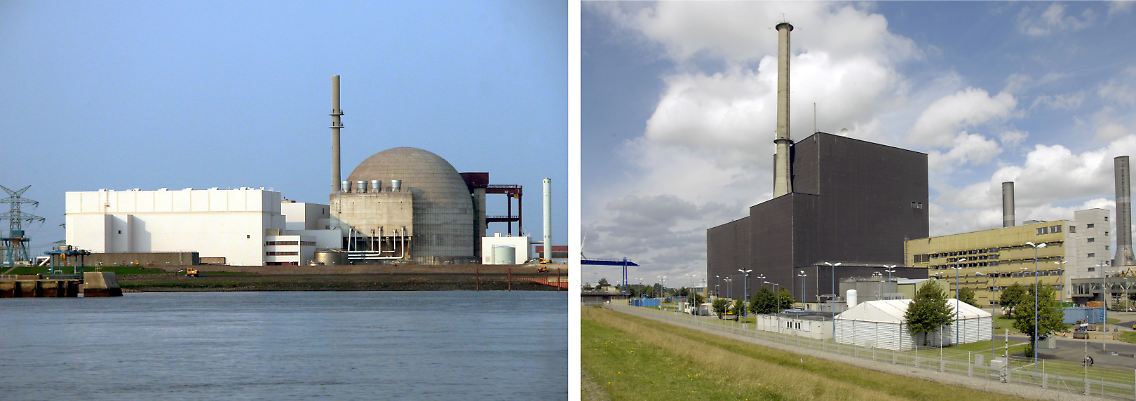 Das Kernkraftwerk von Brokdorf (links) soll noch bis 2019 Strom liefern. Das Atomkraftwerk Brunsbüttel (rechts) soll bis 2012 am Netz bleiben.