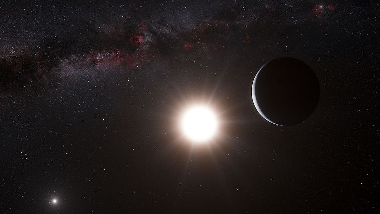 Künstlerische Darstellung des Planeten: Alpha Centauri ist ein Doppelsternsystem mit dem helleren Stern Alpha Centauri A und dem anderen Alpha Centauri B.
