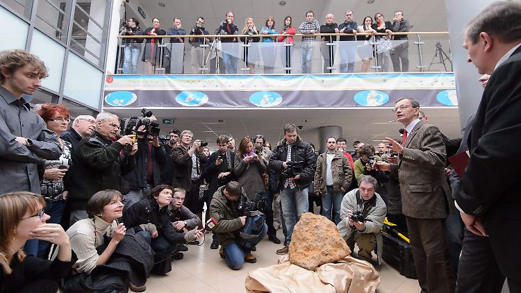 Professor Andrzej Muszynski (2.v.r) bei der Präsentation des Meteoriten in Poznan (Posen).