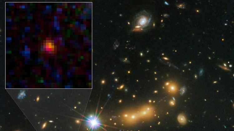 Nasa-Aufnahme von MACS0647-JD, der bisher fernsten erspähten Galaxie (markierter Bereich).