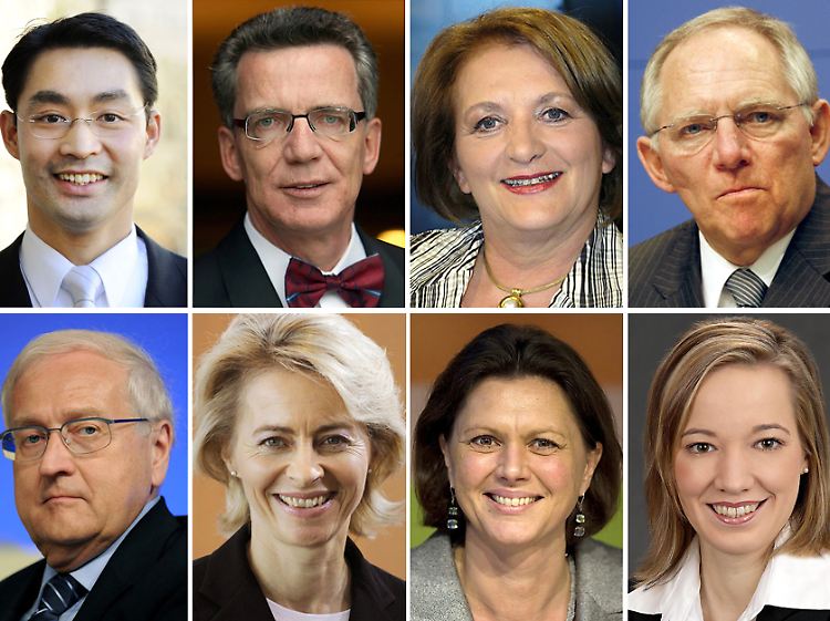 Das Gremium: Gesundheitsminister Rösler, (obere Reihe l-r), de Maizière (Innen/CDU), Leutheusser-Schnarrenberger (Justiz/FDP), Schäuble (Finanzen/CDU), (unten l-r) Brüderle (Wirtschaft/FDP), von der Leyen (Arbeit/CDU), Aigner (Verbraucher/CSU), und Schröder (Familie/CDU).