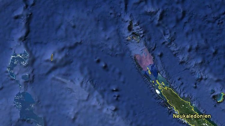 Bei Goolge Maps kann Sandy Island als kleiner Schatten westlich von Neu Kaledonien gesehen werden.