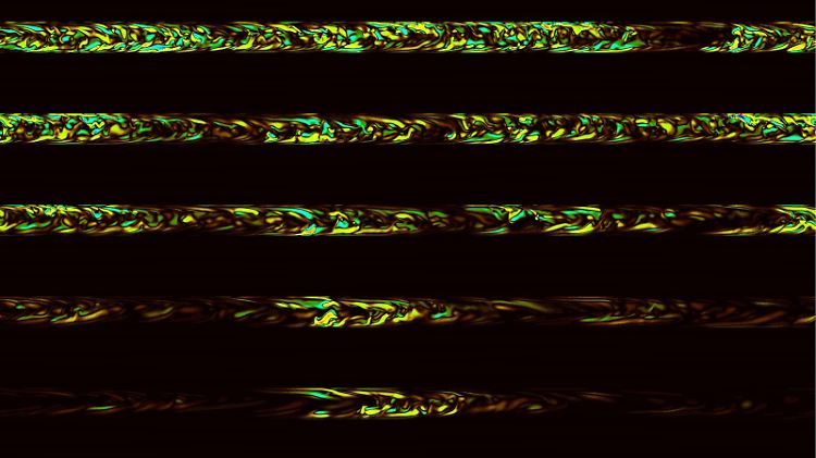 Versuchsaufbau: Illuminiertes, strömendes Wasser läuft durch Glasröhren. Die Turbulenzen darin können durch gezielte Wasserzuführungen unter Kontrolle gebracht werden (ab Reihe drei). 