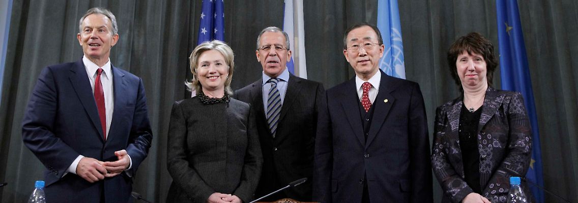 Der Nahost-Berater Tony Blair, Hillary Clinton, Sergej Lawrow, Ban Ki Moon und die EU-Außenbeauftragte Catherine Ashton in Moskau.
