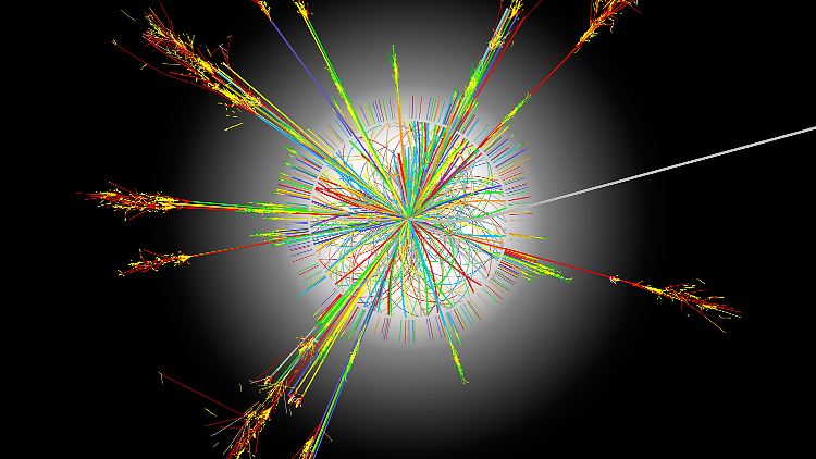 Die Illustration zeigt die Kollision von Atomkernen. Tausende von neuerzeugten Teilchen fliegen dabei in alle Richtungen.