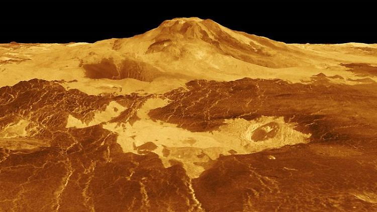 Die dreidimensionale Perspektive der Magellan-Sonde zeigt Maat Mons, den höchsten Vulkan auf der Venus.