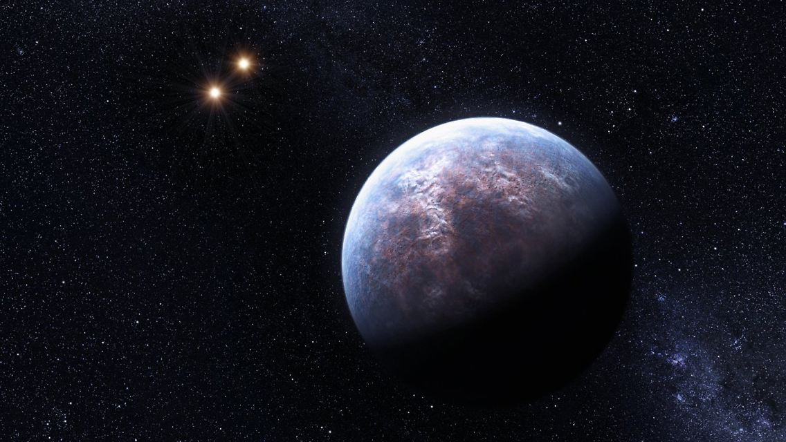 Künstlerische Darstellung eines 2009 entdeckten Exoplaneten, der in einem Dreisternensystem den Stern Gliese 667 C (nicht im Bild) begleitet.