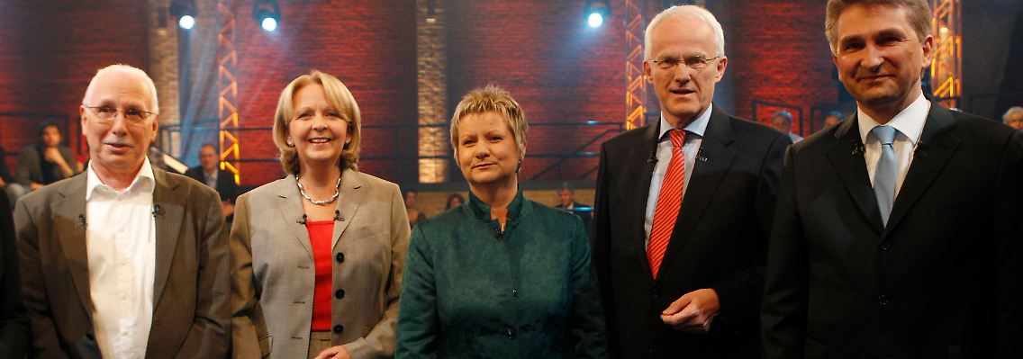 Die fünf Kandidaten: Zimmermann, Kraft, Löhrmann, Rüttgers und Pinkwart im TV-Studio.