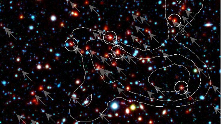 Die 9,6 Milliarden Lichtjahre entfernten Galaxien sind durch Kreise hervorgehoben.