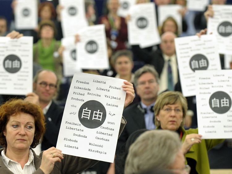 Abgeordnete des Europäischen Parlaments zeigen bei der Verleihung des Sacharow-Preises an Hu Jia Plakate mit dem Wort "Freiheit". Hu konnte zur Verleihung im Dezember 2008 nicht nach Straßburg kommen - er saß in Haft.