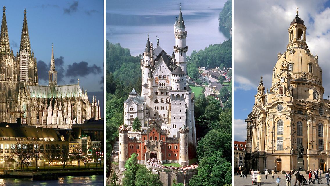 Der Kölner Dom ist Deutschlands Touristen-Hit Nummer Eins, Bayern mit Neuschwanstein das meistbesuchte Bundesland und die wiederaufgebaute Dresdner Frauenkirche steht für den touristischen Aufschwung auch des Ostens Deutschlands (v.l.)