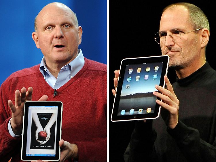 Beim Kampf der Giganten hat Steve Jobs (Apple/rechts) die Nase vor Steve Ballmer (Microsoft).