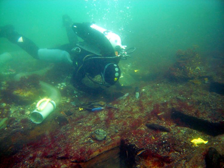 Taucher am Wrack eines schwedisches Kriegsschiffes von 1715.