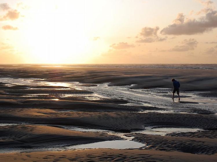 Am Abend ist am Strand der Trubel vorbei - wenn auf Wangerooge die Sonne untergeht, haben Spaziergänger den Blick auf die Nordsee für sich.