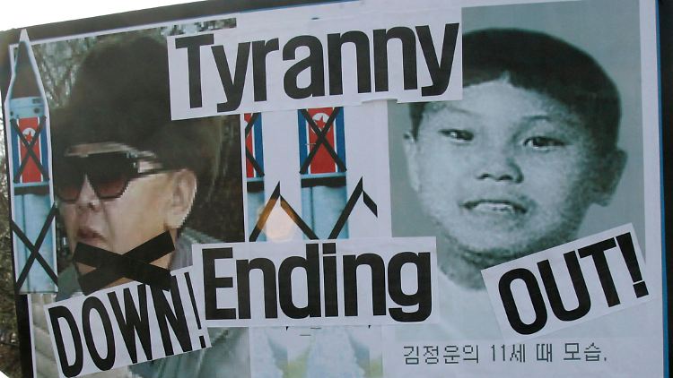 Ein seltenes Bild: Südkoreanische Demonstranten mit Portraits von Kim Jong Il und Kim Jong Un.