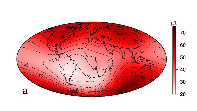 Diese Grafik zeigt die Magnetfeldstärke an der Erdoberfläche. Von Kapstadt bis nach Buenos Aires ist das Feld auffallend schwach.