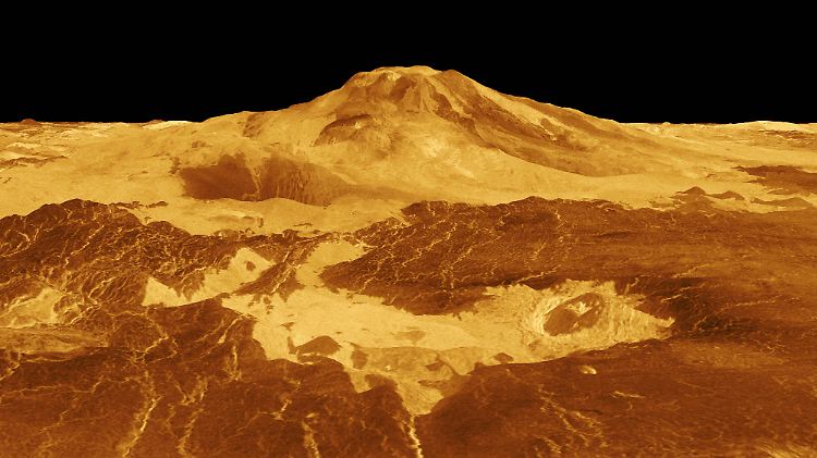 Die dreidimensionale Perspektive der Magellan-Sonde zeigt Maat Mons, den höchsten Vulkan auf der Venus.
