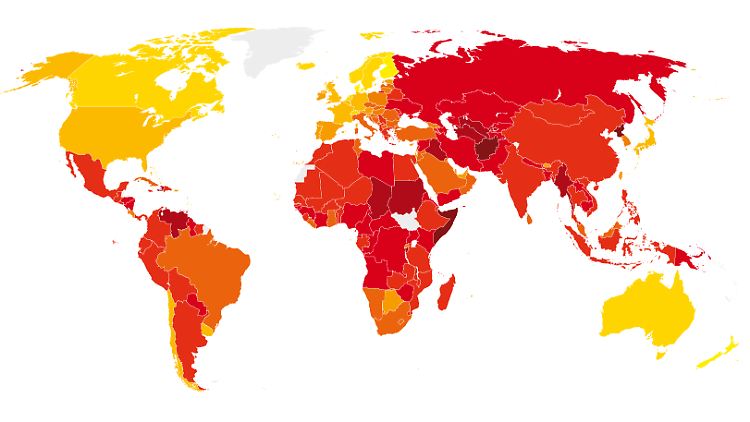 Länder, die besonders dunkelrot eingefärbt sind, erklärt Transparency International für hochkorrupt.