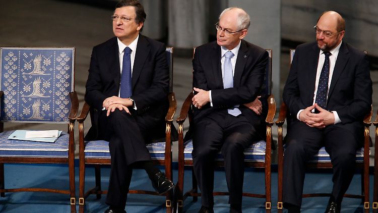 José Manuel Barroso, Herman Van Rompuy und Martin Schulz sitzen stellvertretend für 500 Millionen Europäer.