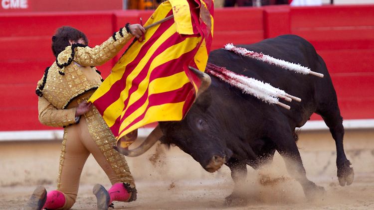 Ein Stier nimmt in Barcelona die katalanische Flagge auf die Hörner. Ein Sinnbild dafür, dass sich viele Katalanen vom restlichen Spanien übervorteilt fühlen. Mittlerweile hat Katalonien übrigens den Stierkampf verboten.