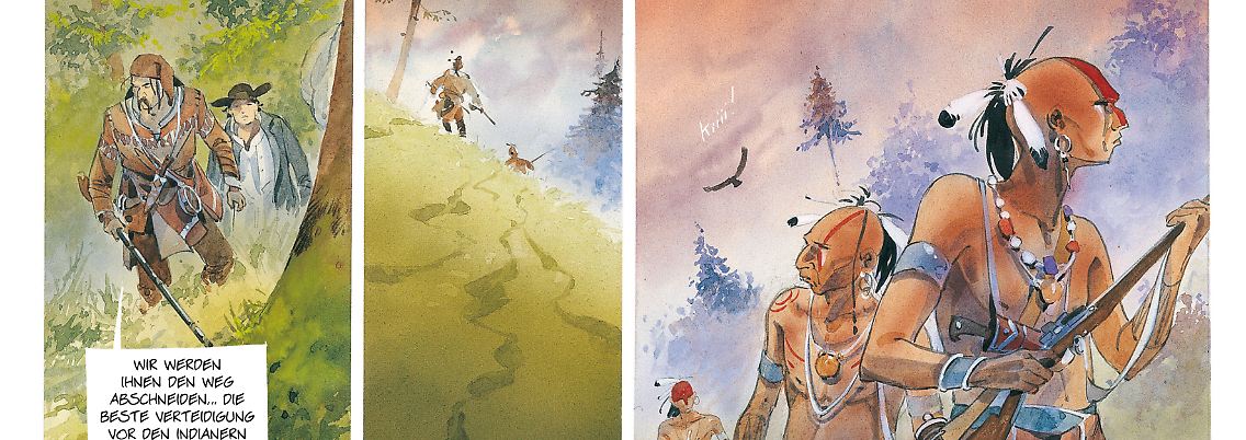 In der Wildnis müssen sich die Trapper vor wilden Tieren und Indianern auf dem Kriegspfad in Acht nehmen.