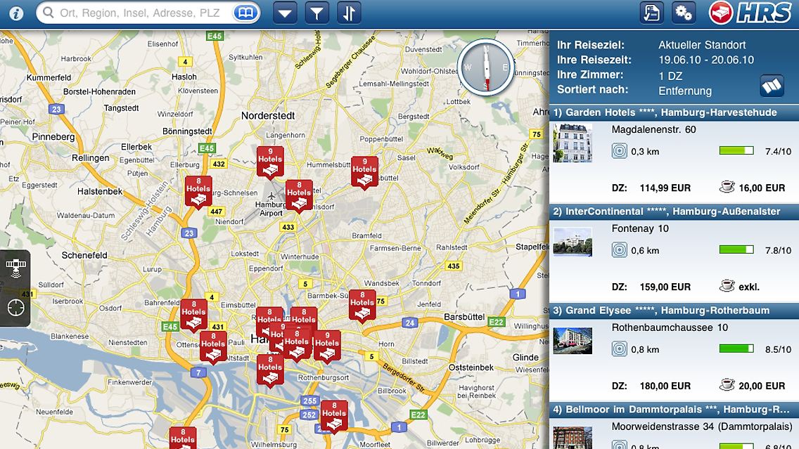 Hotelsuche per iPad: Wer wie zum Beispiel hier in Hamburg eine Übernachtungsmöglichkeit sucht, kann sich über Apps Vorschläge machen lassen.