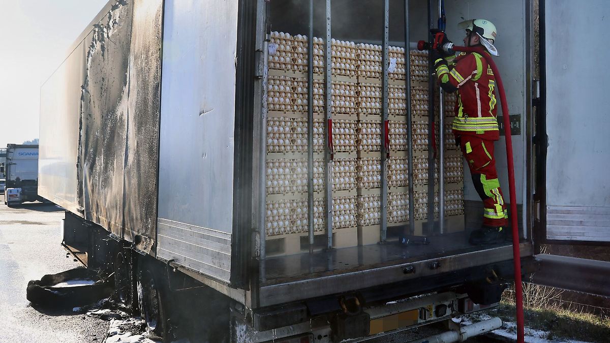 Mit Eiern beladener Auflieger gerät auf A3 in Brand