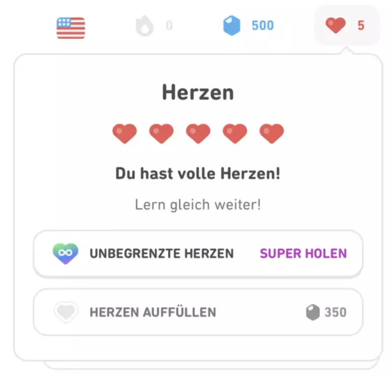 Herzen in Duolingo