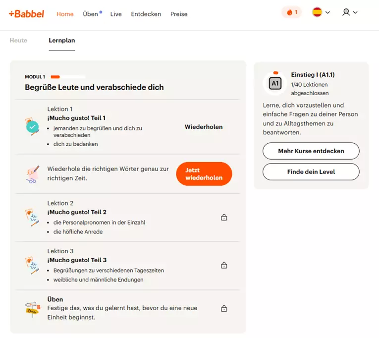 babbel spanisch lernplan