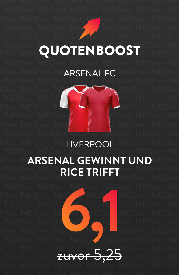 Arsenal vs. Liverpool â Quotenboost bei NEO.betDer 21. Spieltag der Premier League hebt sich sein Highlight bis zum Schluss auf. Denn erst nach den übrigen neun Begegnungen treffen am Donnerstag, 8. Januar (AnstoÃ: 21 Uhr) der FC Arsenal und der FC Liverpool zum Duell des aktuellen Spitzenreiters mit dem Titelverteidiger aufeinander. Die Begegnung zweier Meisterschaftsanwärter ist es indes nicht, liegt Liverpool als Vierter doch schon stattliche 14 Punkte hinter Arsenal zurück. Während bei den Reds nach einer zuvor positiveren Entwicklung in Folge der jüngsten beiden Unentschieden gegen Leeds United (0:0) und beim FC Fulham (2:2) wieder Gerüchte um eine zeitnahe Trennung von Trainer Arne Slot die Runde machen, ist bei Arsenal der Traum von der ersten Meisterschaft seit 2004 mehr als realistisch. SchlieÃlich liegen die Gunners schon sechs Zähler vor dem ersten Verfolger Manchester City, der wahrlich auch nicht mit Konstanz glänzt. Als einziges Spiel der Premier League am Donnerstag steht die Partie Arsenal gegen Liverpool natürlich besonders im Fokus. Wer für Arsenal vs Liverpool erhöhte Quoten sucht, dürfte dementsprechend bei einigen Buchmachern fündig werden. Einen ersten Arsenal vs Liverpool Quotenboost hat NEO.bet im Programm. NEO.bet Quotenboost für Wetten auf Arsenal und Torschütze Rice NEO.bet wartet für alle Kunden mit einem interessanten Arsenal vs Liverpool Quotenboost auf, der letztlich eine Kombi-Wette umfasst. Anstatt mit der normalen Quote 5,25 kann im Zuge des Boosts mit der erhöhten Quote 6,10 auf einen Sieg des FC Arsenal und zugleich (mindestens) einen Treffer von Declan Rice getippt werden. Nachdem Arsenal die letzten sieben Pflichtspiele allesamt gewonnen hat und Rice beim jüngsten 3:2-Erfolg am 3. Januar beim AFC Bournemouth ein Doppelpack gelungen ist, scheint diese Wette einen kleinen Einsatz in jedem Fall wert. Arsenal â Liverpool Quotenvergleich Arsenal vs. Liverpool