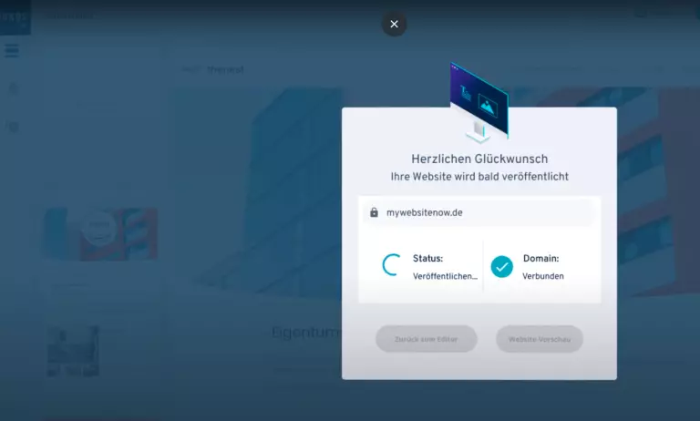 Screenshot des IONOS Backends nachdem die Website erstellt wurde. Nach der Erstellung dauert es einen kleinen Moment, bis die Seite live ist.