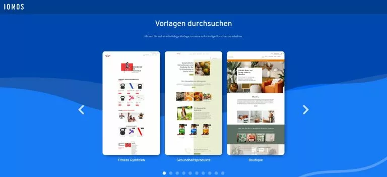 Screenshot der IONOS Vorlagen. Ein groÃÂer Pluspunkt unserer IONOS Erfahrungen: Die umfangreichen Vorlagen für verschiedene Branchen.